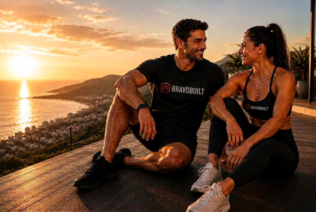 Two people in Bravo Built apparel resting together on a deck overlooking the coast at sunset after training