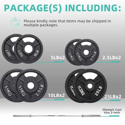 Cast Iron 2Inch Weight Plates Including 6FT Barbell Bar and Safely Locks Barbell Set 85 Lbs Plates + 6 FT Barbell Bar Multipl
