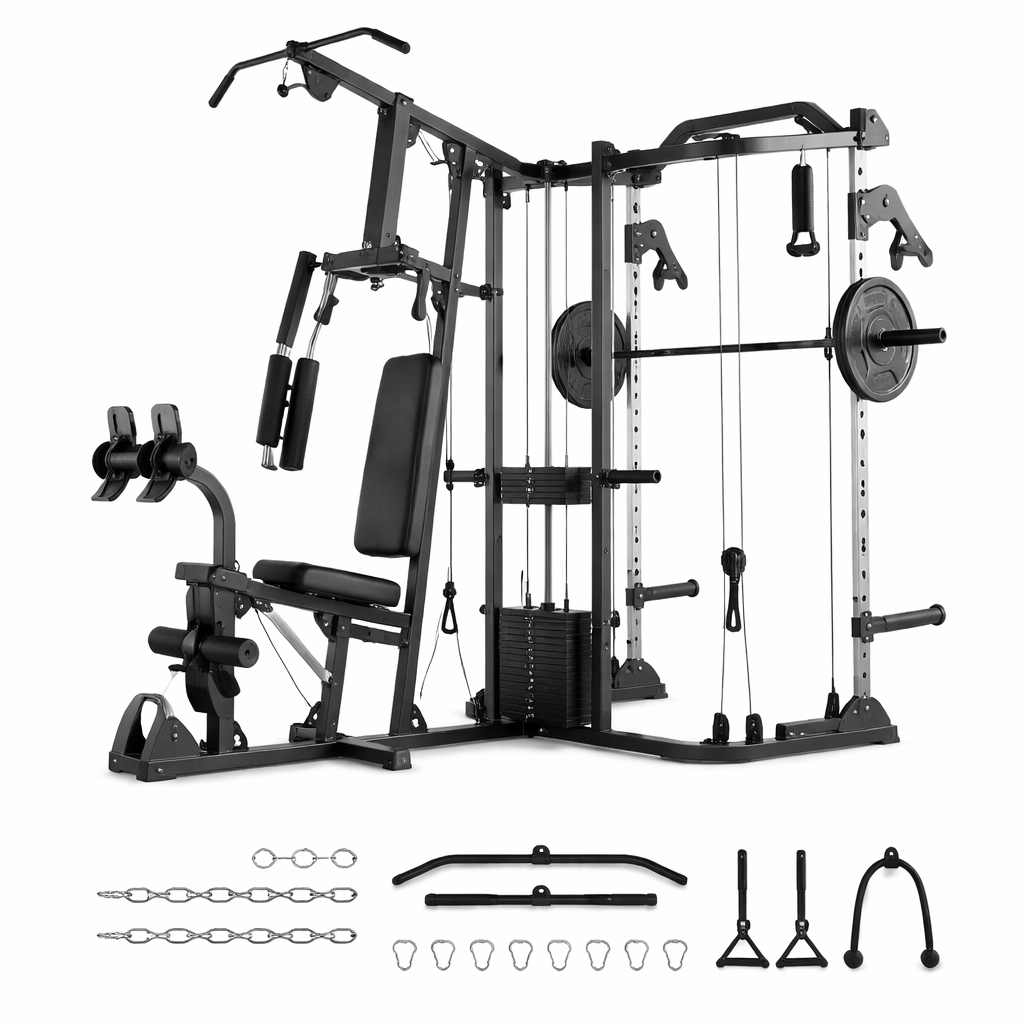 Smith Machine Power Cage, Multi-Function Home Gym System with Cable Crossover, 121LB Weight Stack