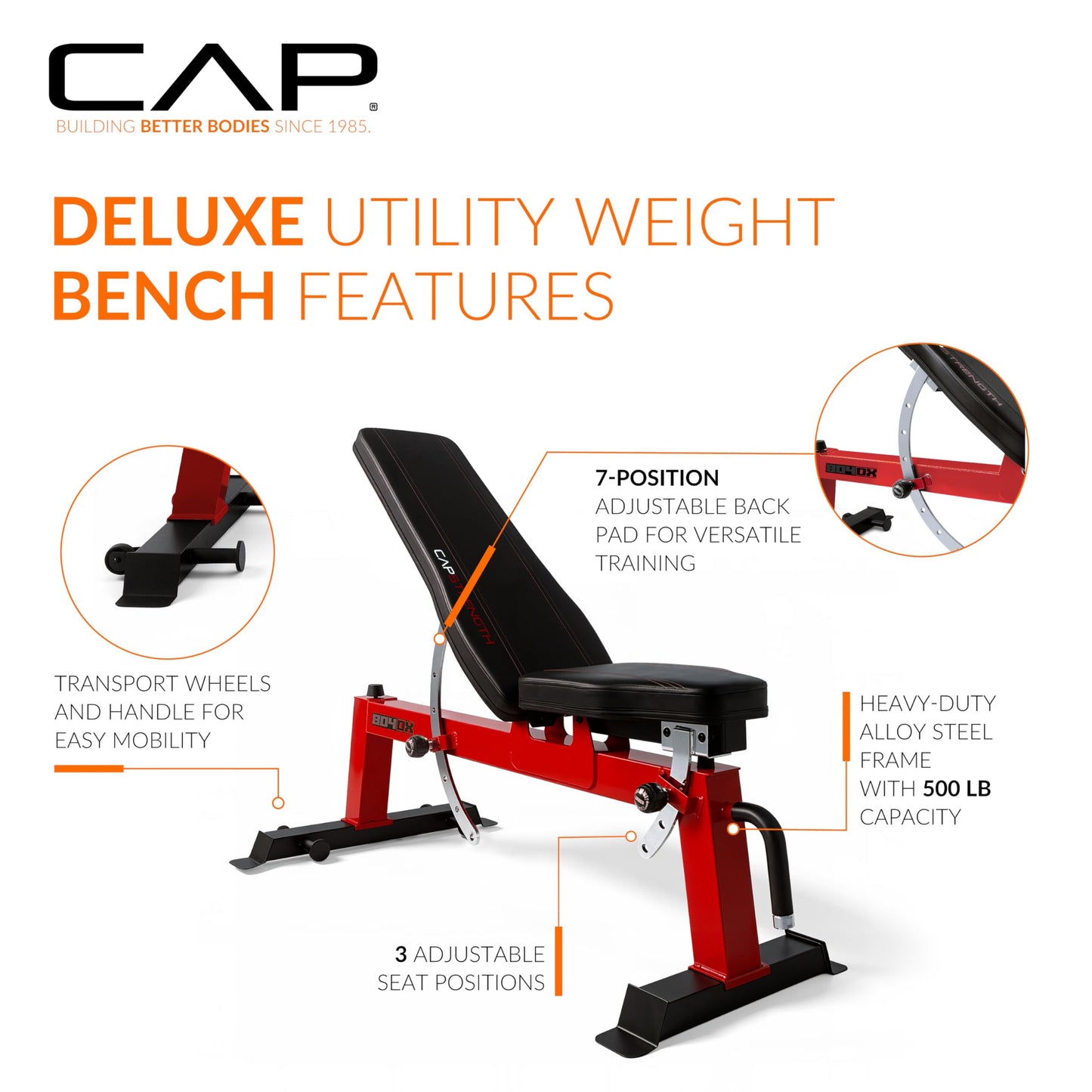 CAP Barbell Deluxe Utility Weight Bench, Red (FM-CS804DX-RD)