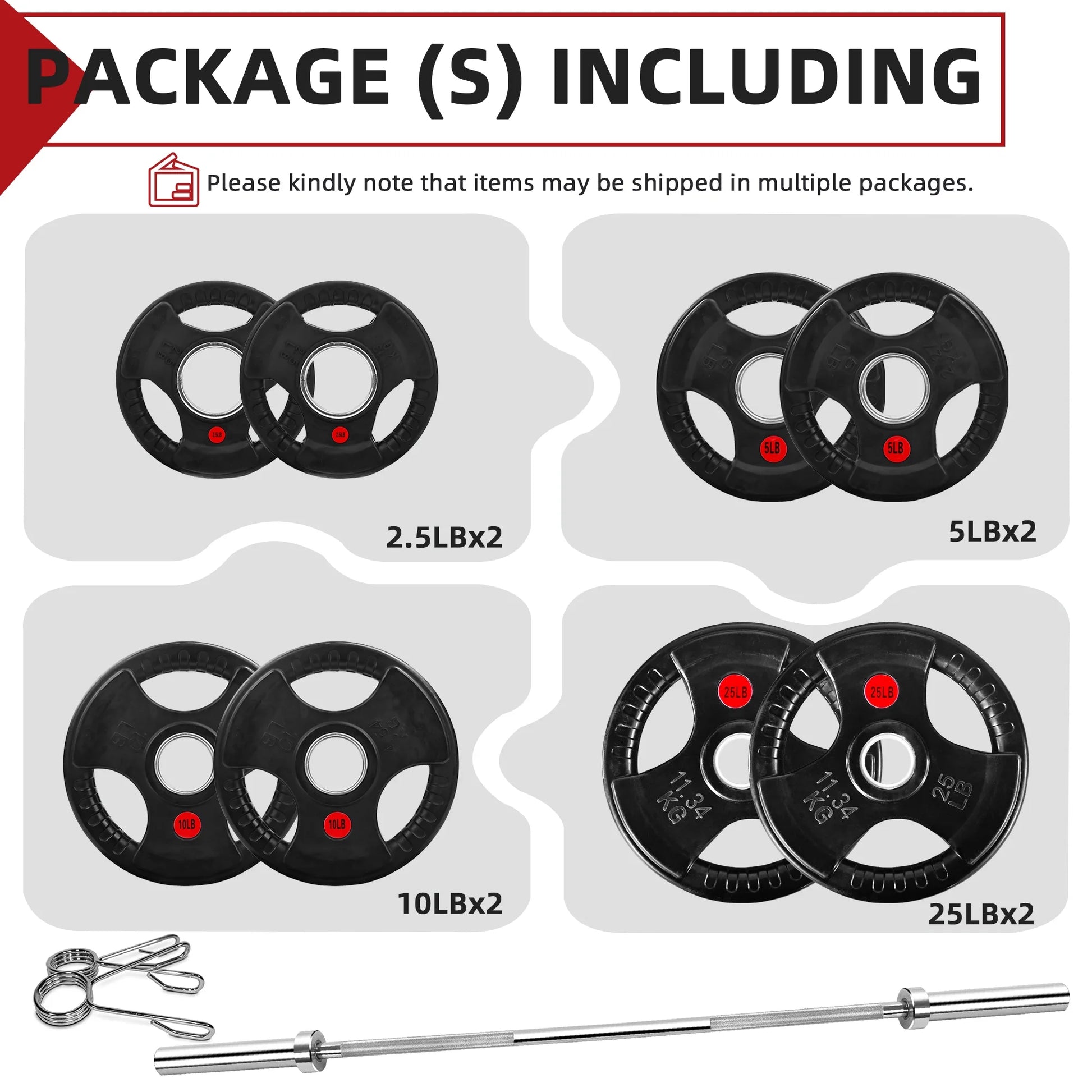 2" Rubber Olympic Grip Weight Plates Set, Including 5FT Standard Barbell with Locks, 85Lbs Weight Plates Set(2X 2.5Lb, 2X 5Lb, 2X 10Lb, 2X 25Lb), Rubber Grip Weight Plate